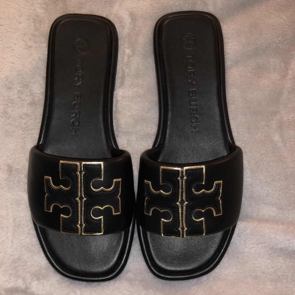 Tory Burch Double T Sport Slide (size 7.5)- black and gold